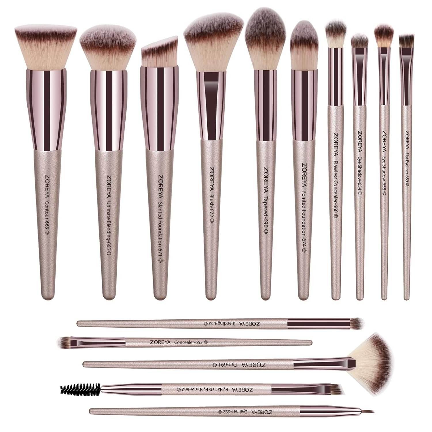 ZOREYA Makeup Brushes, 15 Pcs Professional Premium Synthetic Brush Set, Foundation Concealer Eyeshadow Blush Makeup Brush Set (Champagne)