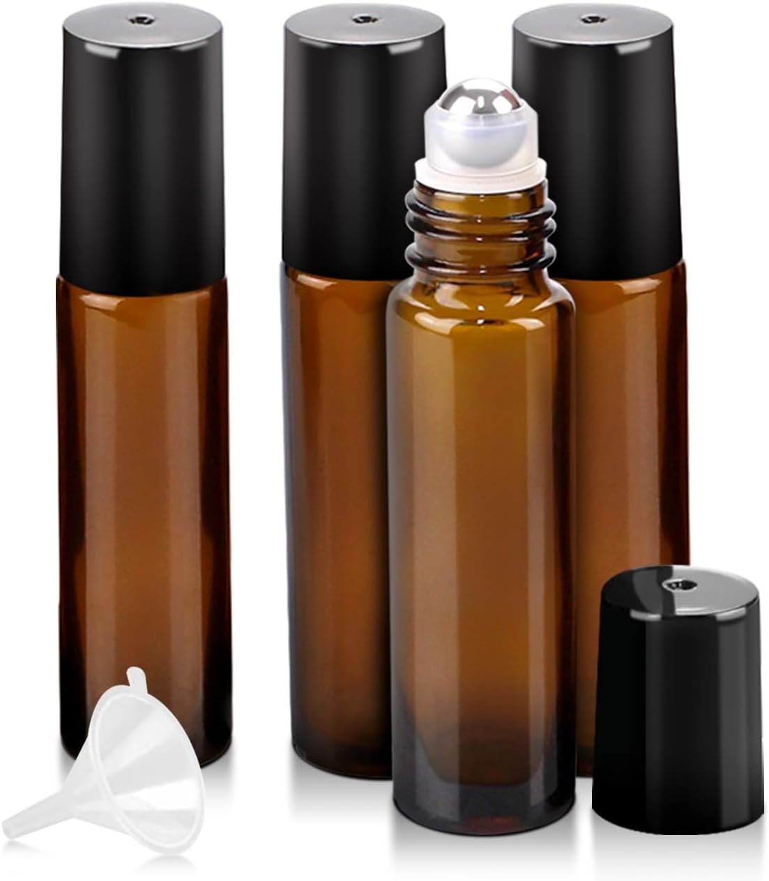 Worldgsb 4 Pack Essential Oil Roller Bottles, 10ml Refillable Amber Glass Roller Bottles with Stainless Steel Roller Balls and Caps for Travel, Perfume and Lip Gloss