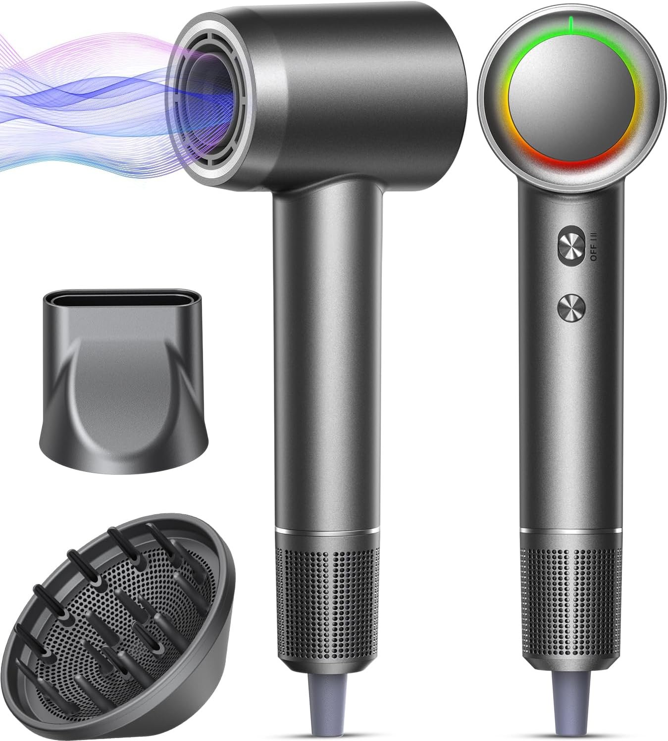 Hair Dryer - 1 Min Fast Drying, High-Speed Blow Dryer with 500 Million Negative Ions, No Heat Damage, Low Noise, Lightweight, Professional Hairdryer with Diffuser & Nozzle, Gunmetal